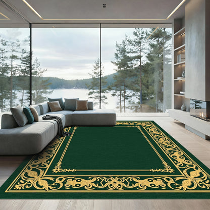 Emerald Green Golden Scroll Frame Rug
