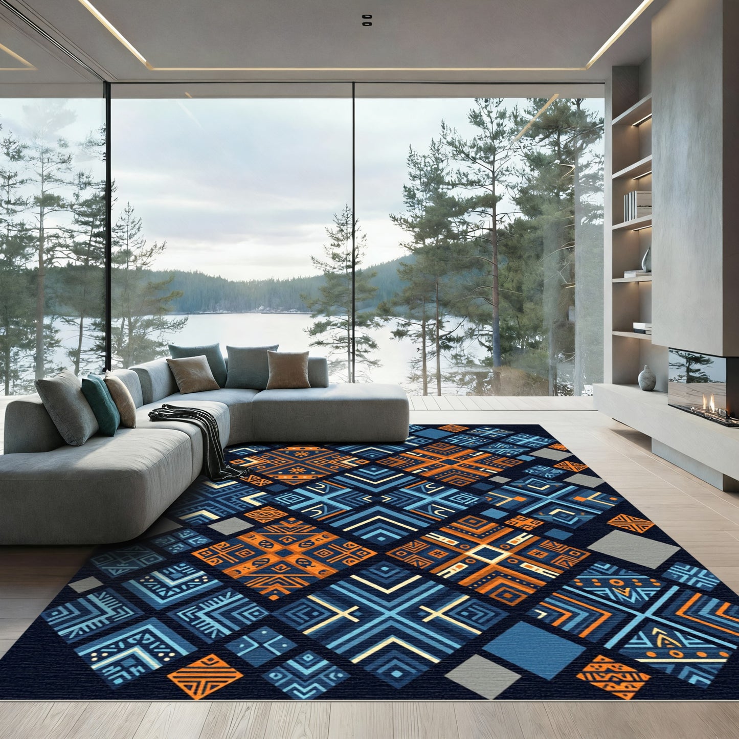 Geometric Navy and Amber Mosaic Tile Rug