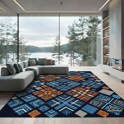 Geometric Navy and Amber Mosaic Tile Rug