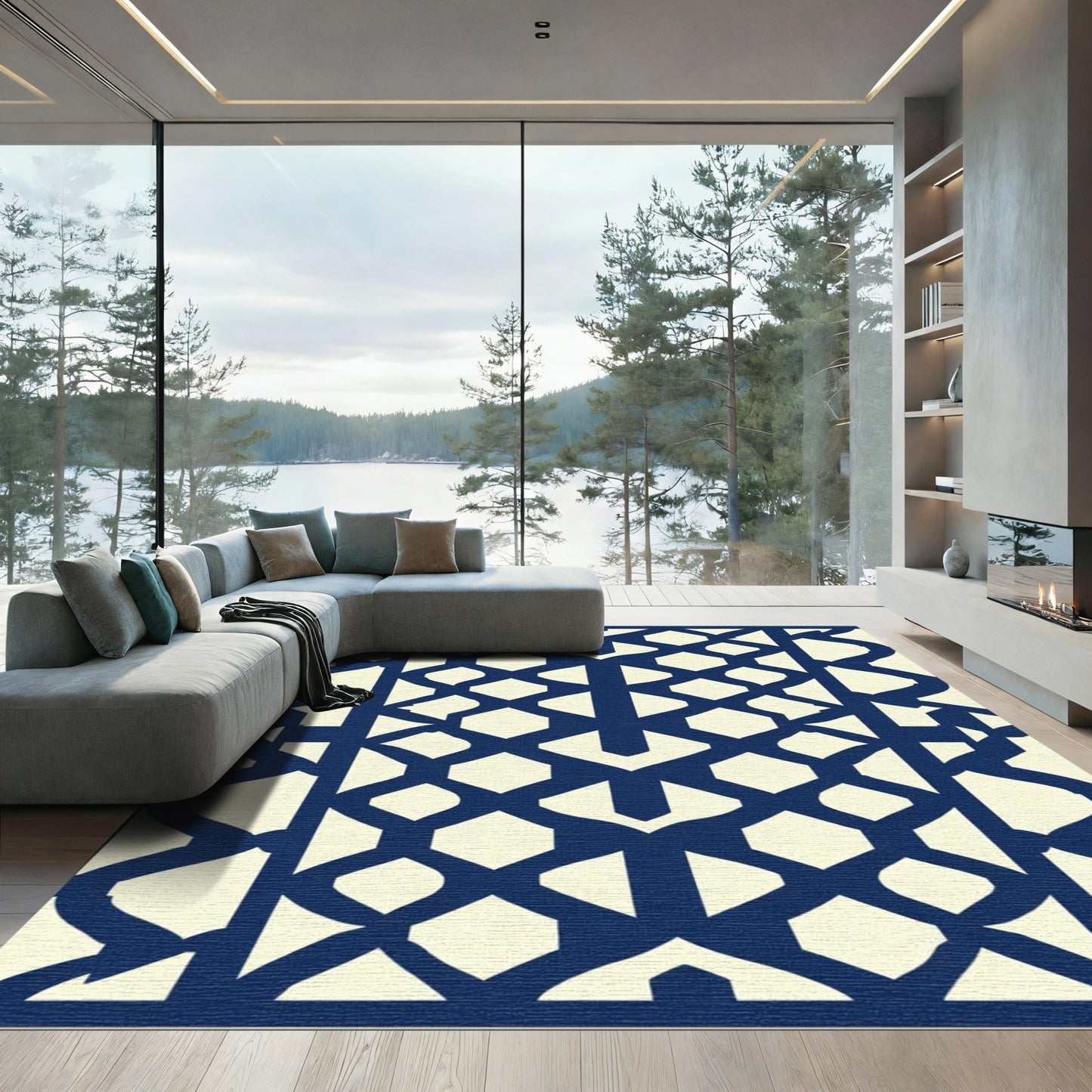 Midnight Blue Geometric Lattice Rug