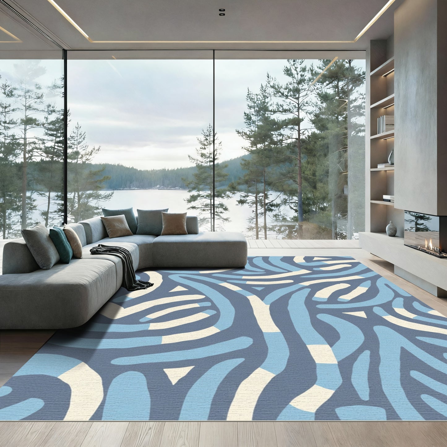 Blue Ecru Abstract Swirls Rug