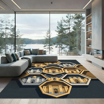 Golden Hexagonal Castle Fortress Grid Rug