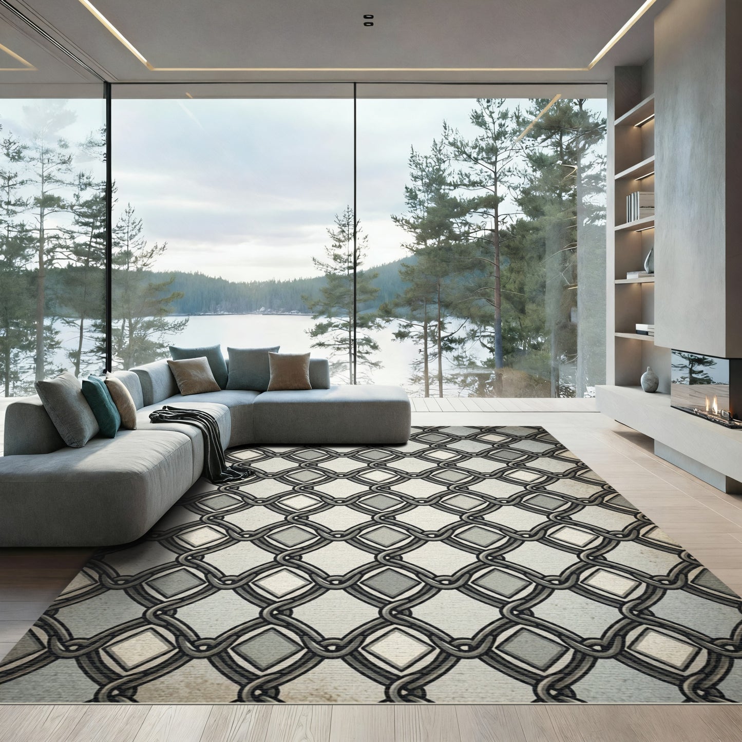 Classic Gray Geometric Interlocking Link Rug