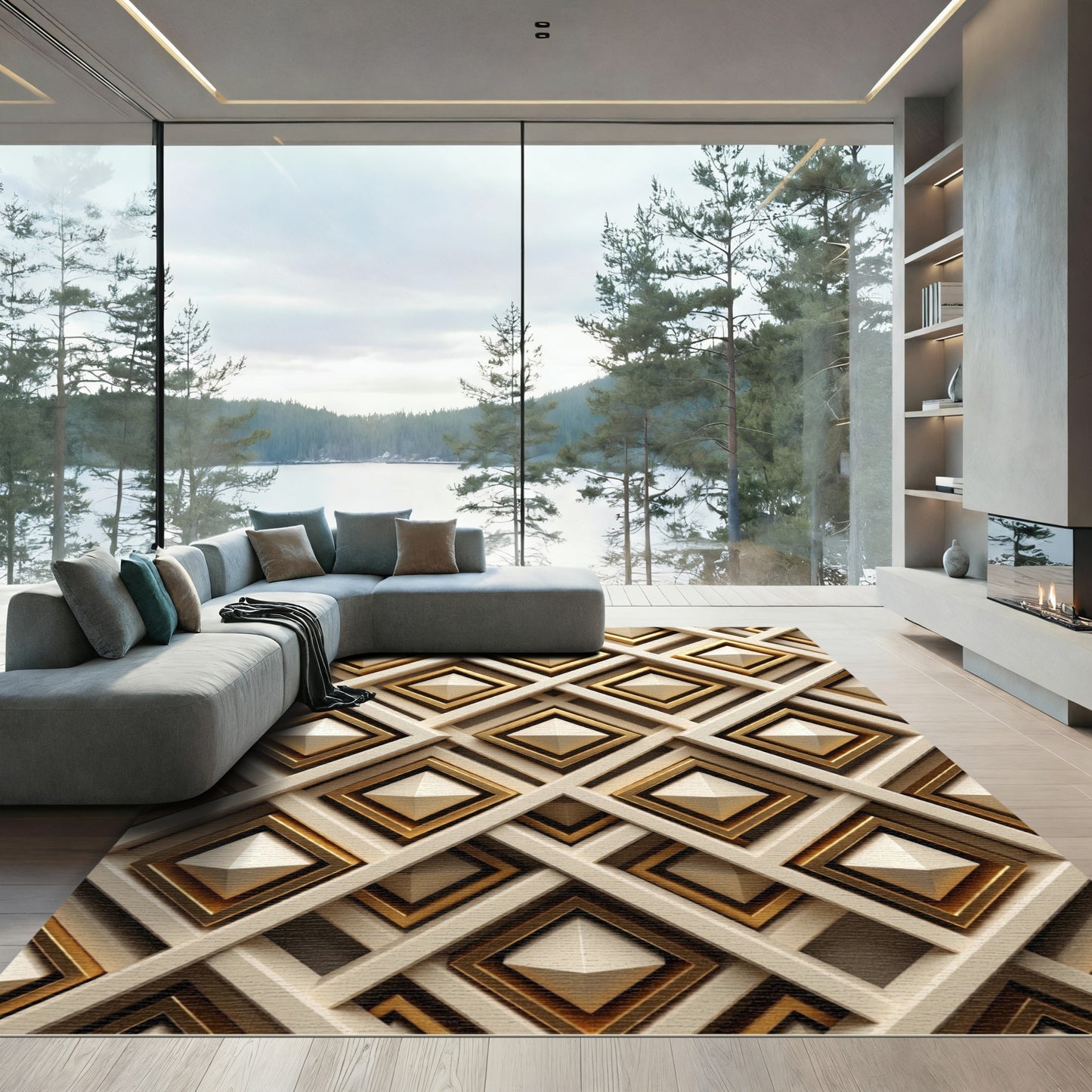 Gold Geometric Lattice Ivory Pyramid Rug