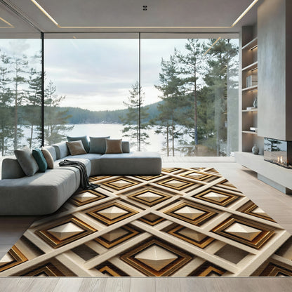 Gold Geometric Lattice Ivory Pyramid Rug