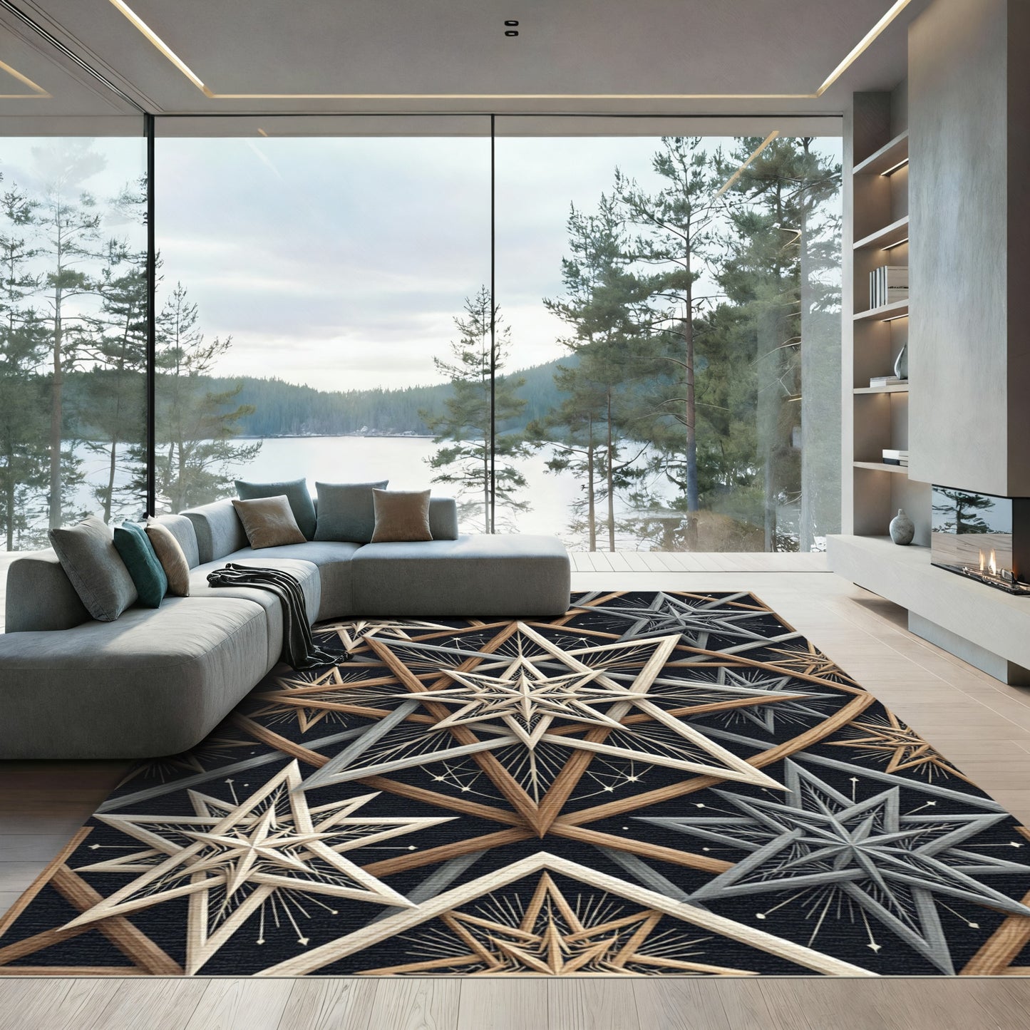 Geometric Starburst Wood Illusion Rug