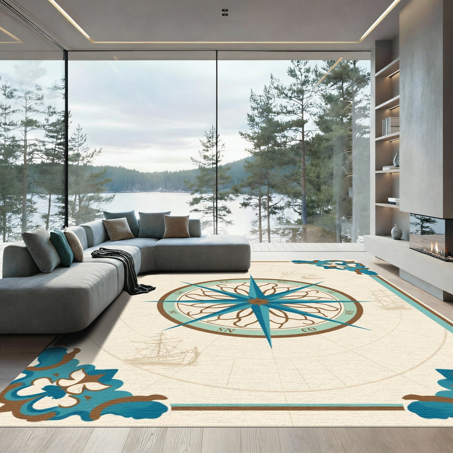 Nautical Compass Vintage Ship Illustration Rug