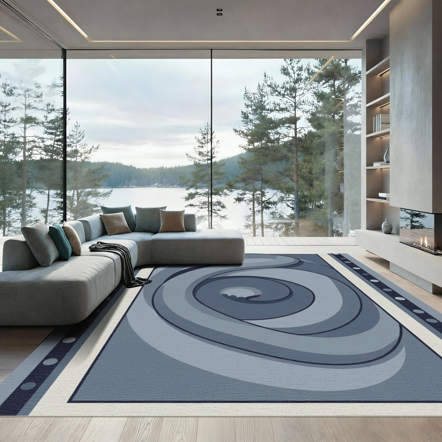 Deep Blue Swirl Scroll Design Rug