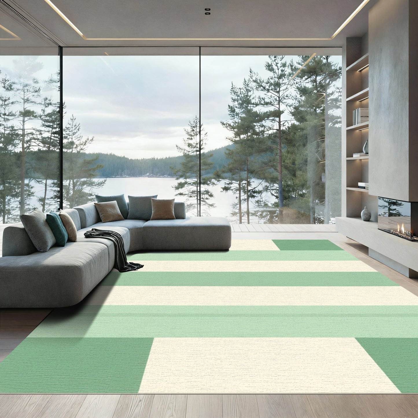 Sage Green Cream Stripe Geometric Rug