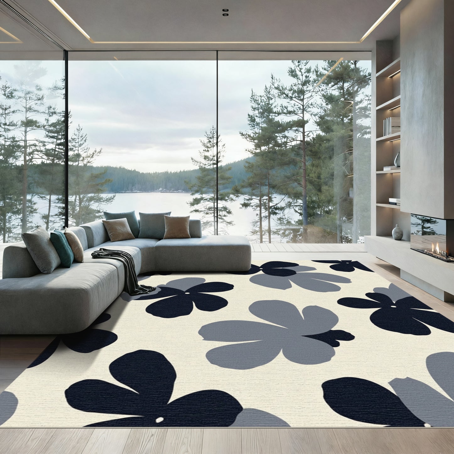 Dark Blue Gray Floral Collage Rug
