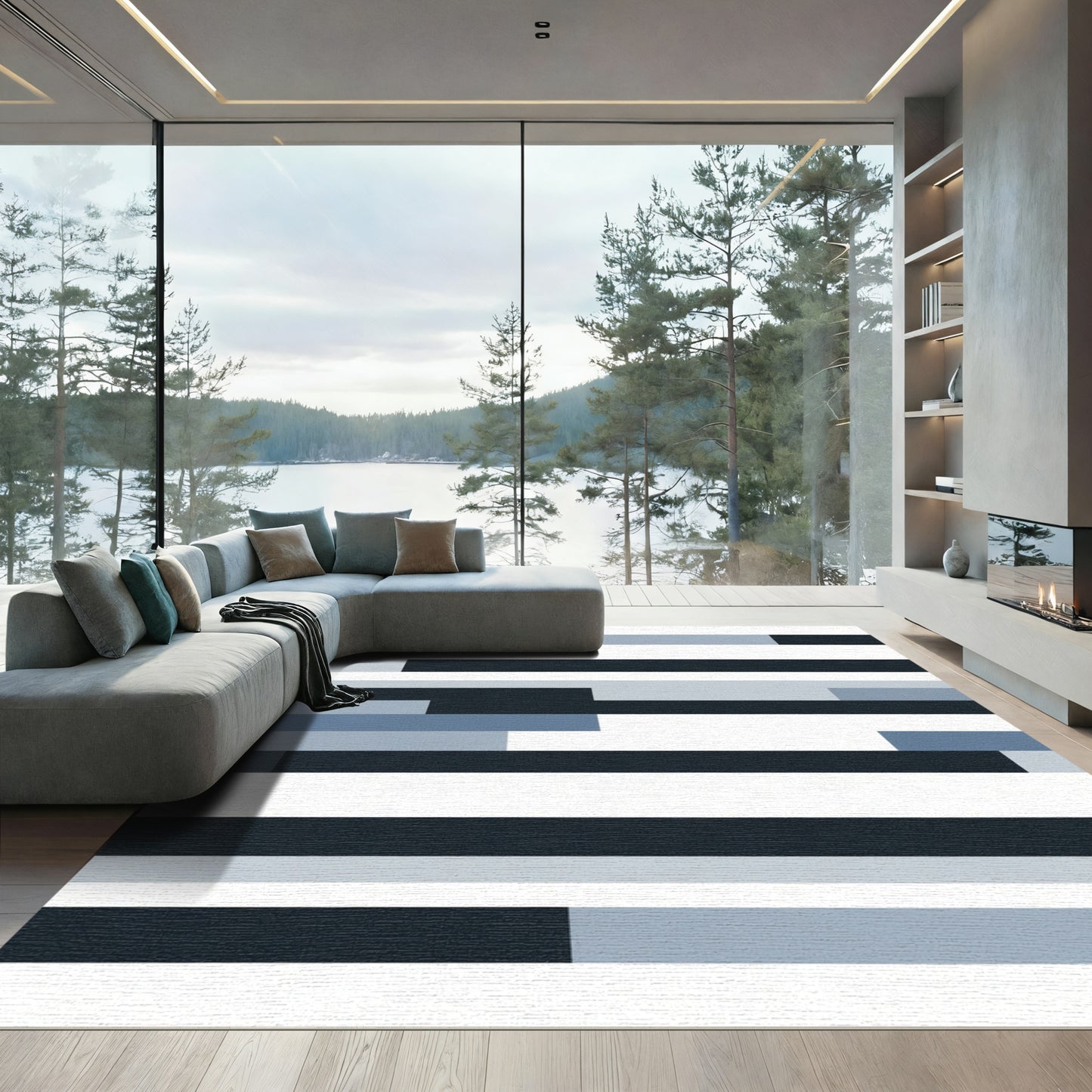 Midnight Blue Slate Gray Horizontal Stripes Rug