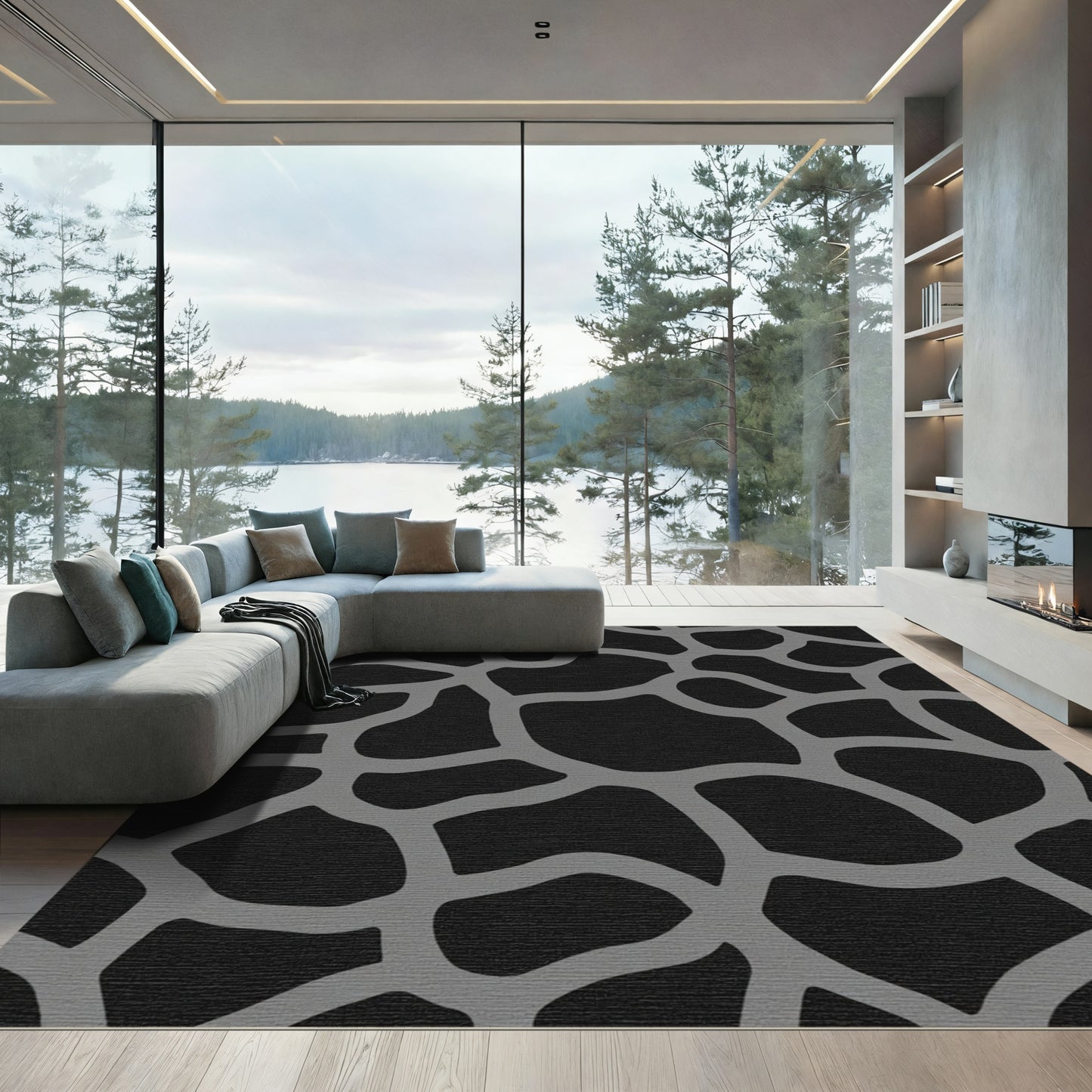Gray Giraffe Spots Black Rug