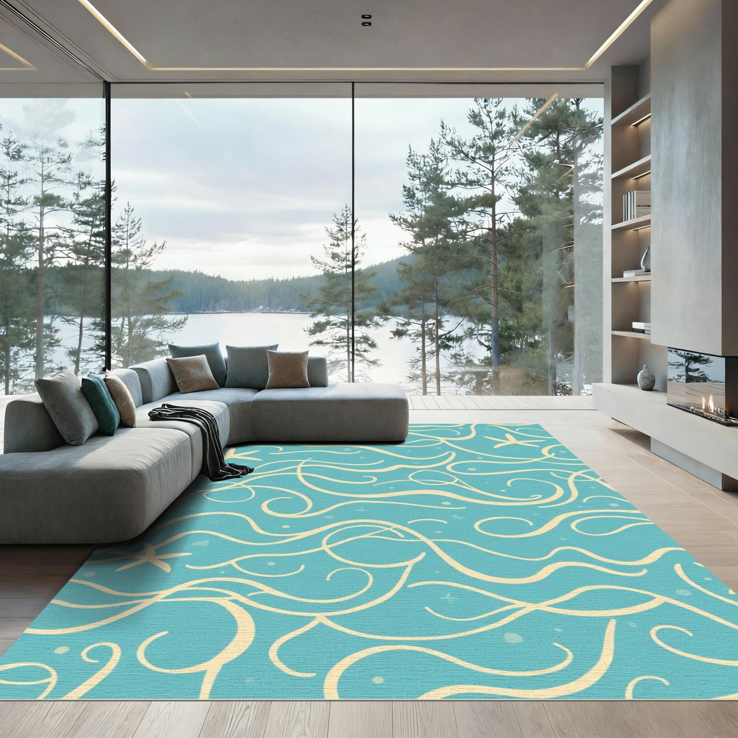 Aqua With Yellow Swirls Starfish Rug