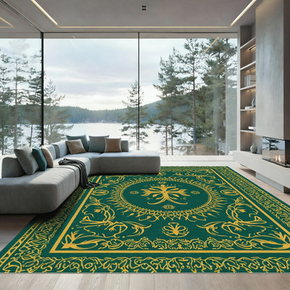 Golden Leaf Scrollwork Emerald Frame Rug