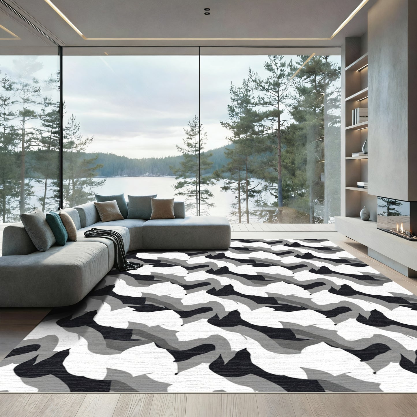 Gray Black White Abstract Camo Rug