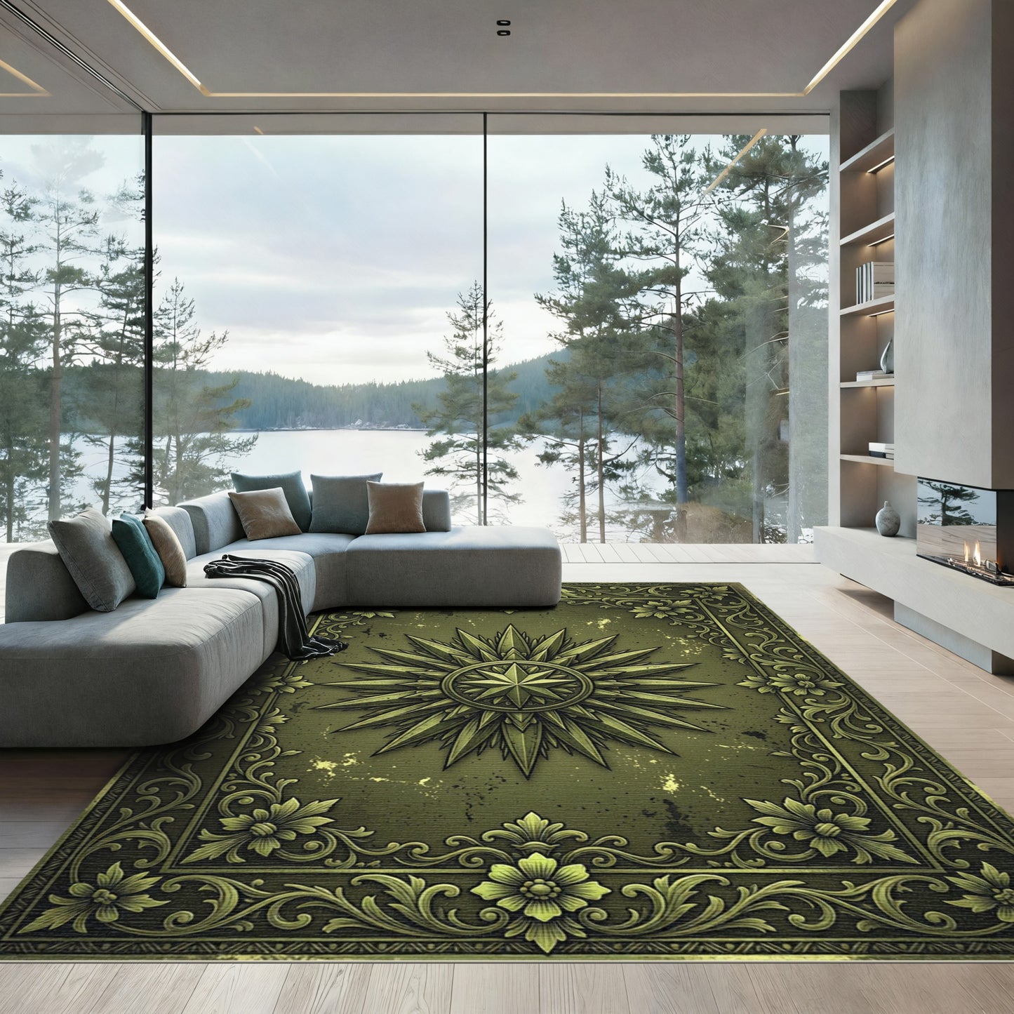 Vintage Olive Compass Rose Filigree Rug