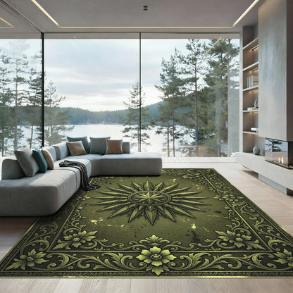 Vintage Olive Compass Rose Filigree Rug