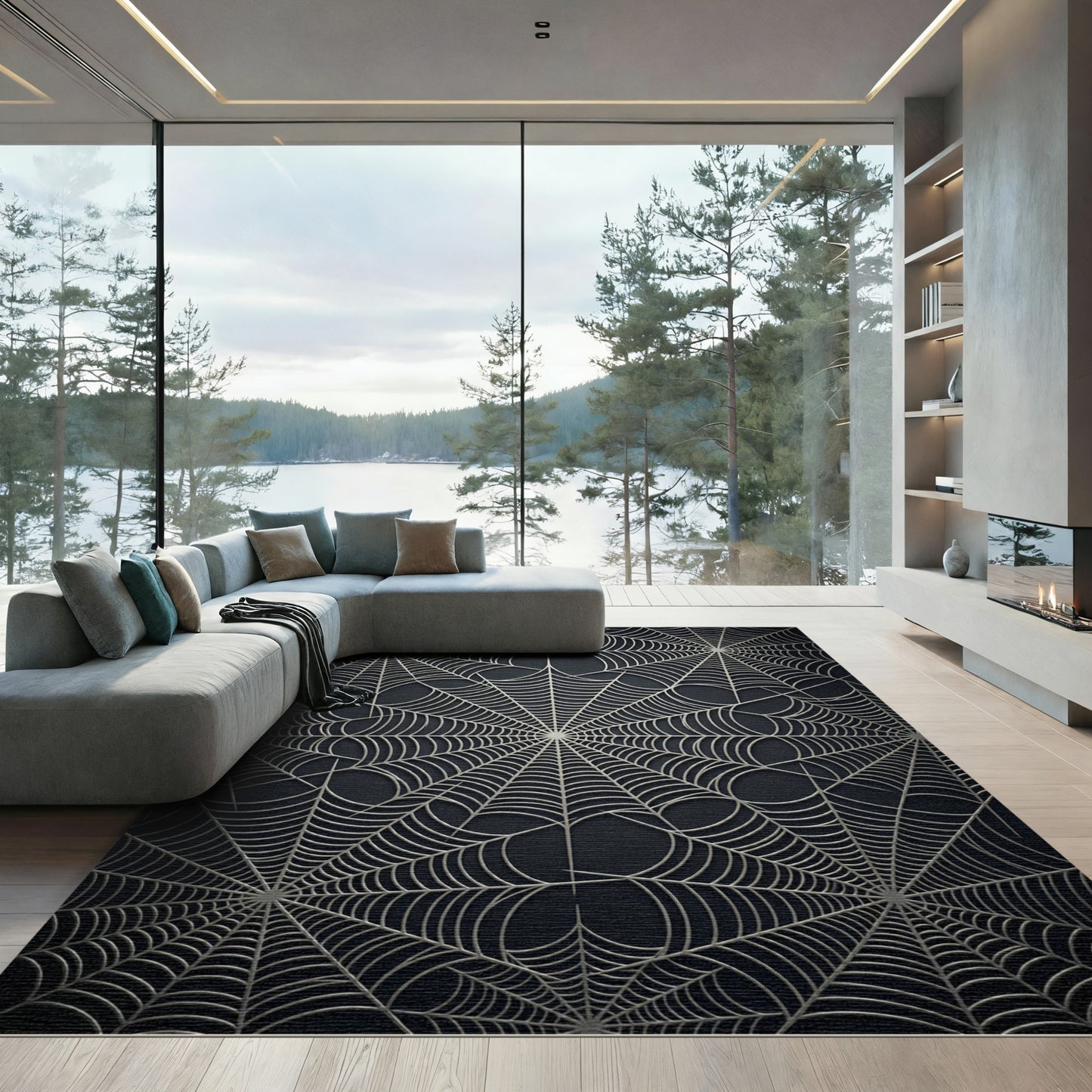 Silver Spiderwebs Dark Background Rug