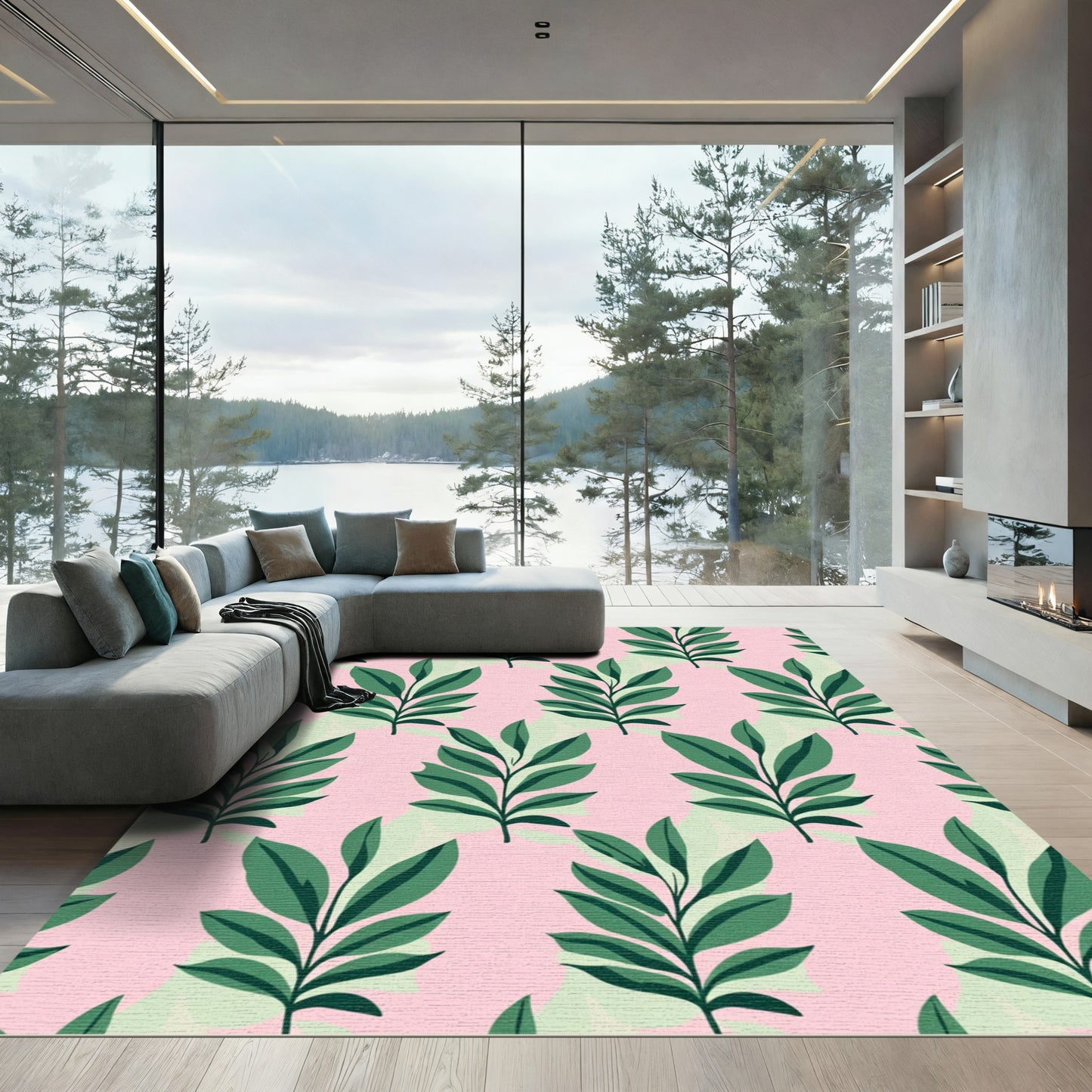 Green Leafy Branches Pink Background Rug