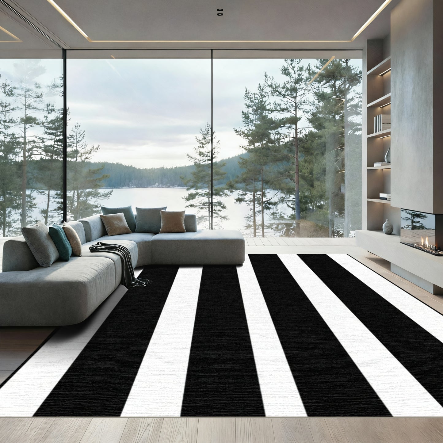 Bold Black White Parallel Lines Rug