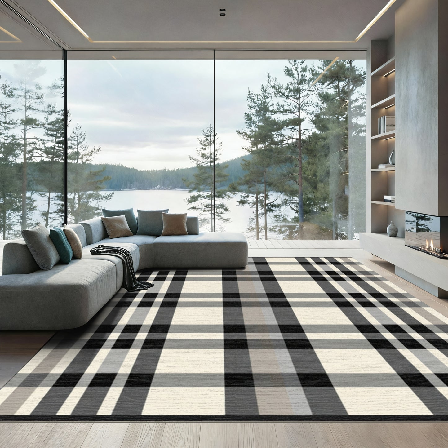 Classic Beige Black Tartan Check Rug