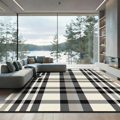 Classic Beige Black Tartan Check Rug