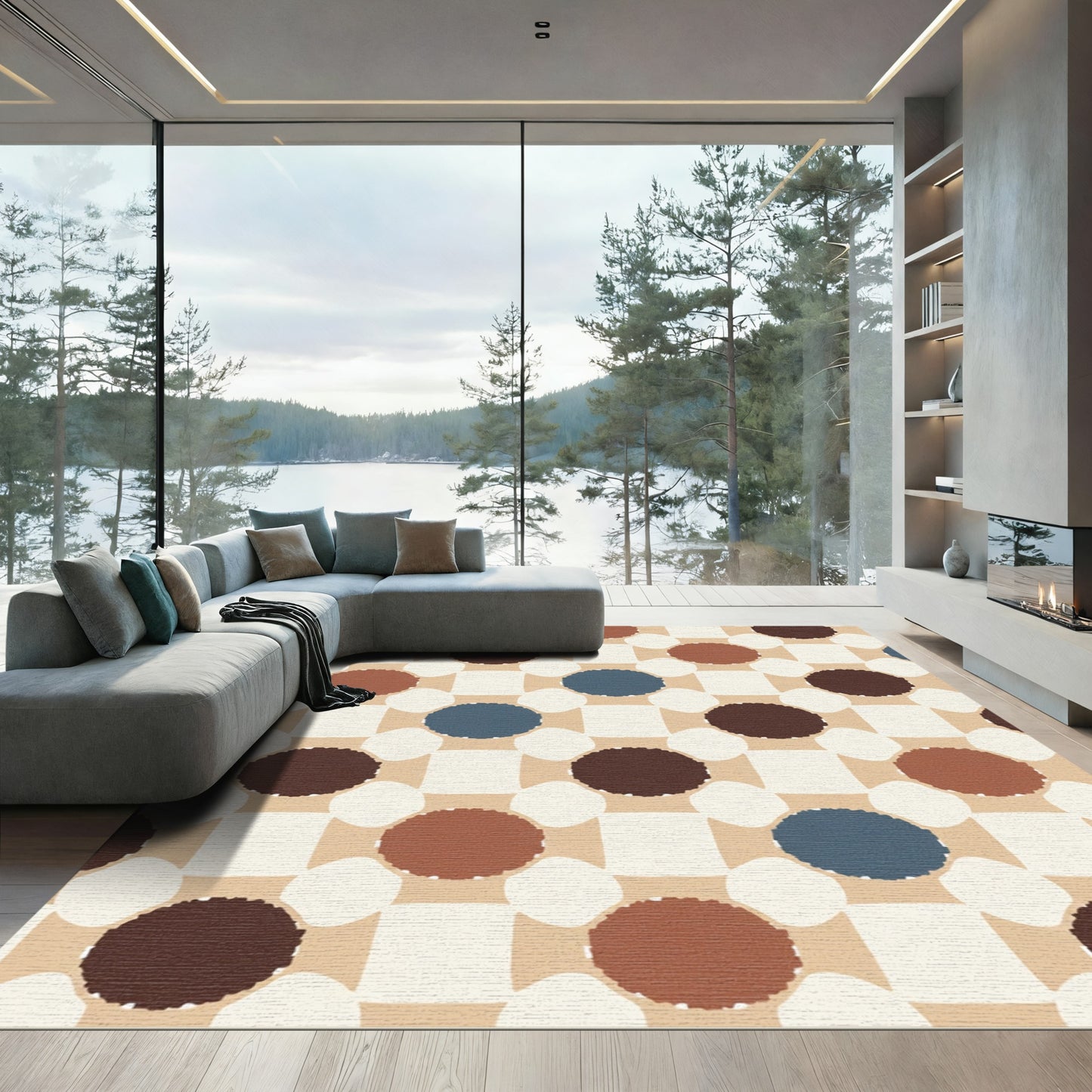 Earthy Tone Circles Squares Composition Rug