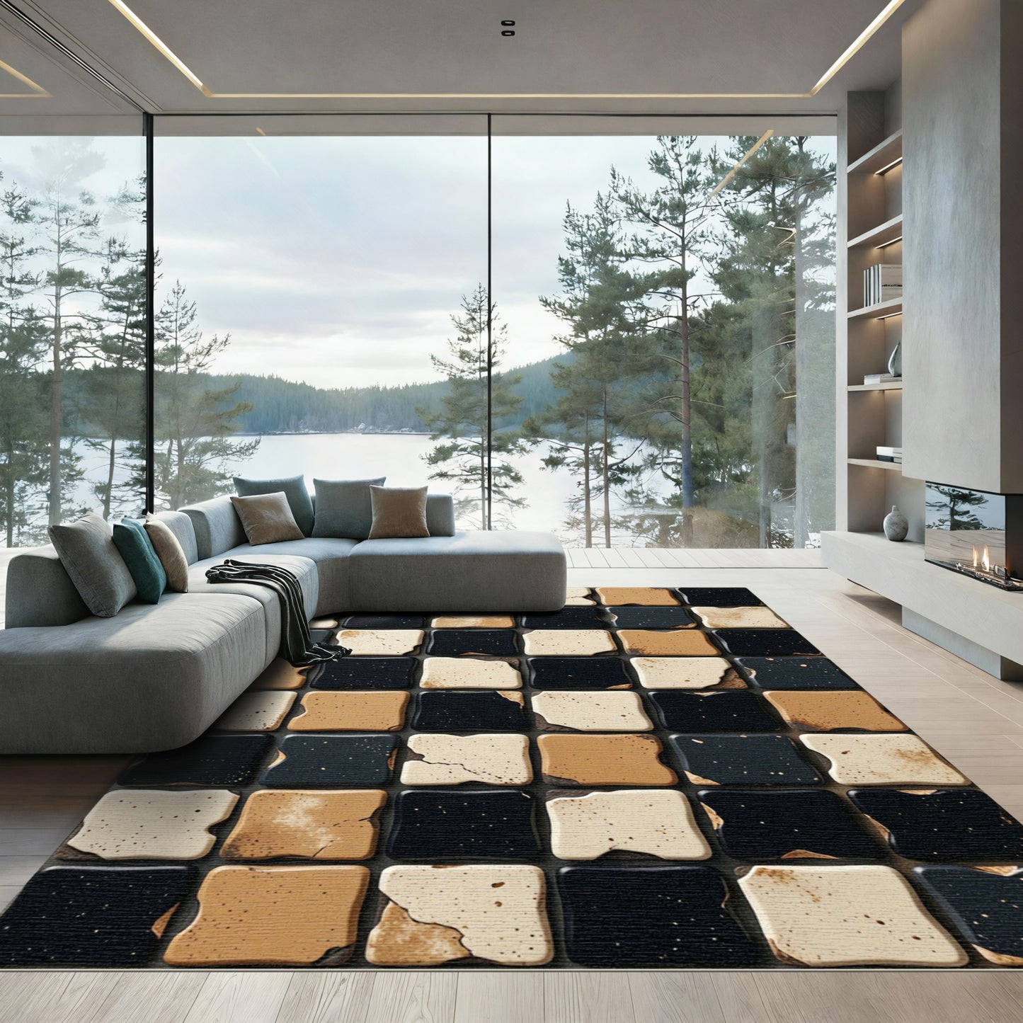 Checkerboard Black Cream Rustic Tiles Rug
