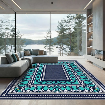Deep Teal Geometric Art Deco Medallion Rug