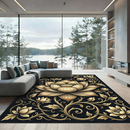 Elegant Gold Lotus Floral Scroll Rug