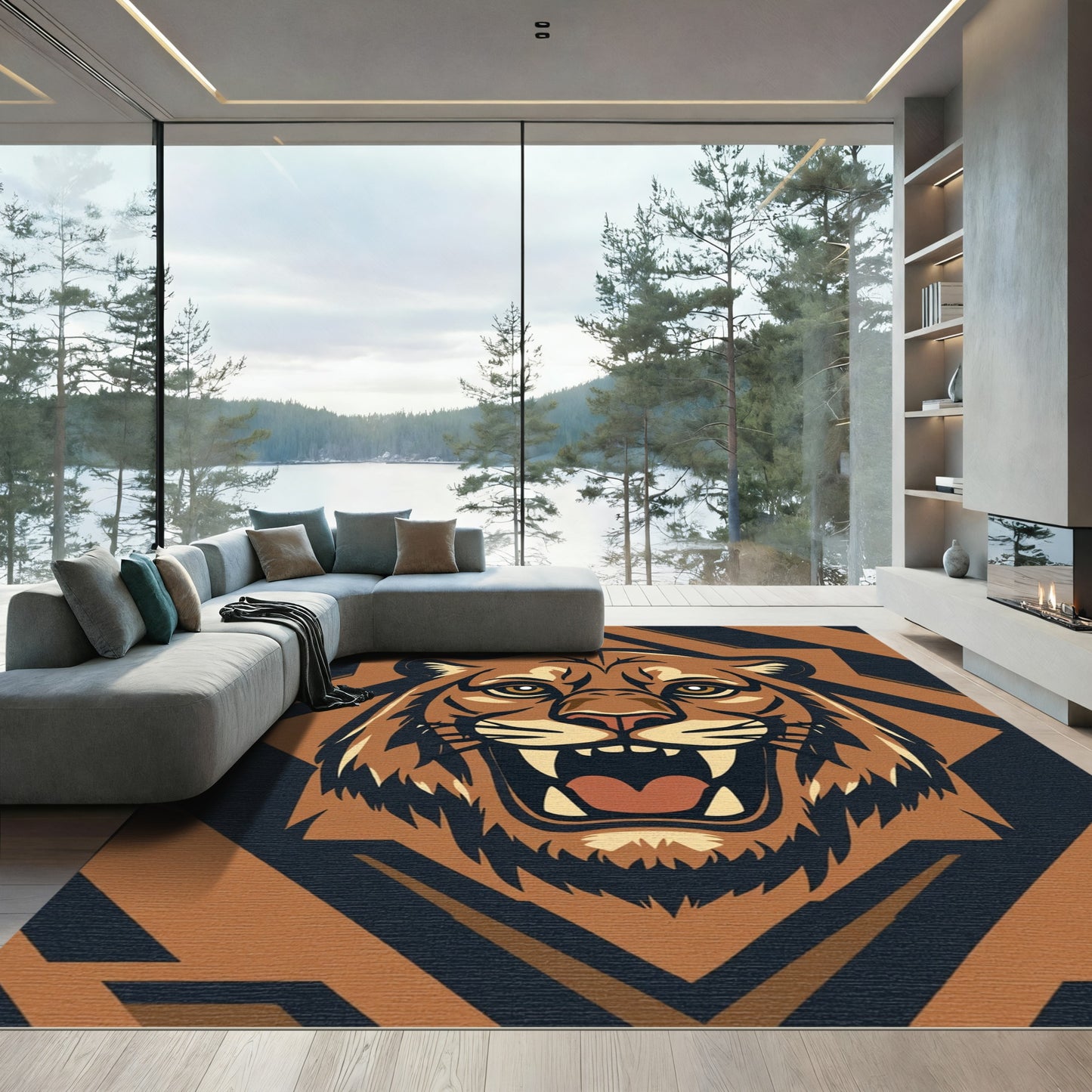 Fierce Tiger Head Geometric Brown Rug