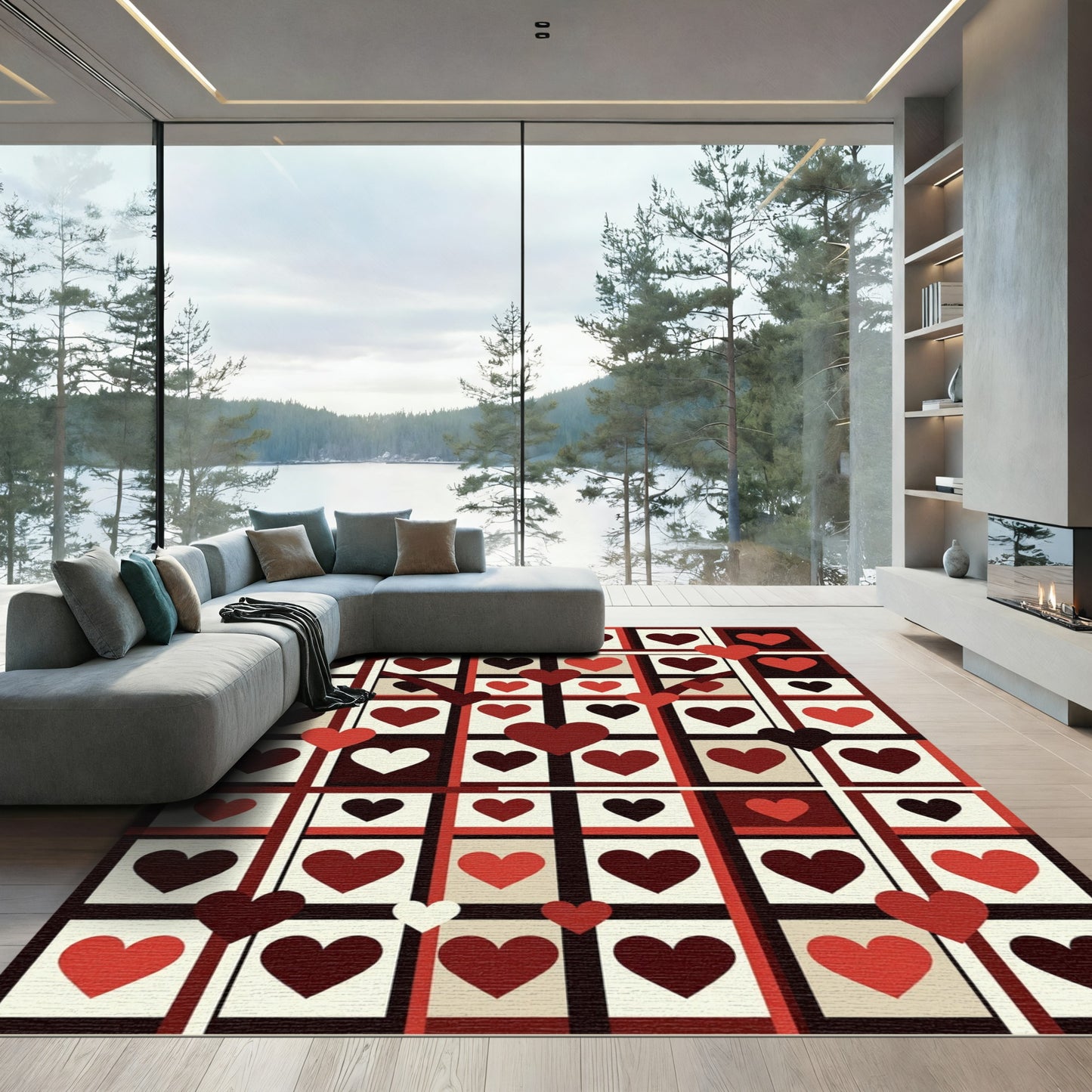 Modern Heart Grid Crimson Area Rug