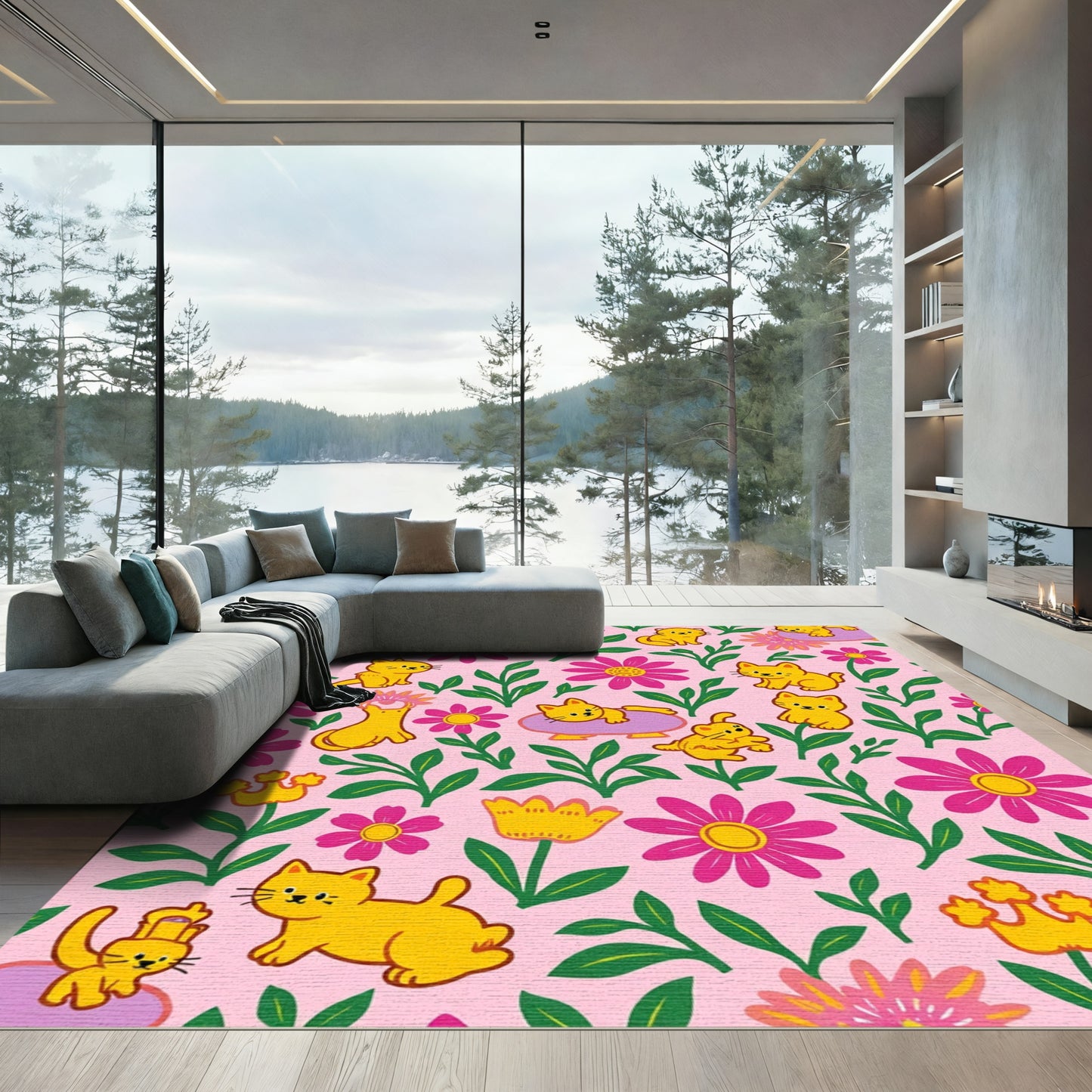 Whimsical Yellow Cats Pink Floral Arrangement Rug