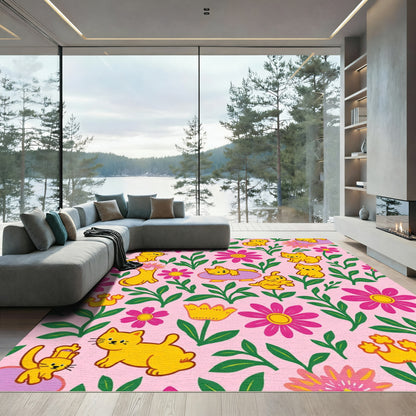 Whimsical Yellow Cats Pink Floral Arrangement Rug