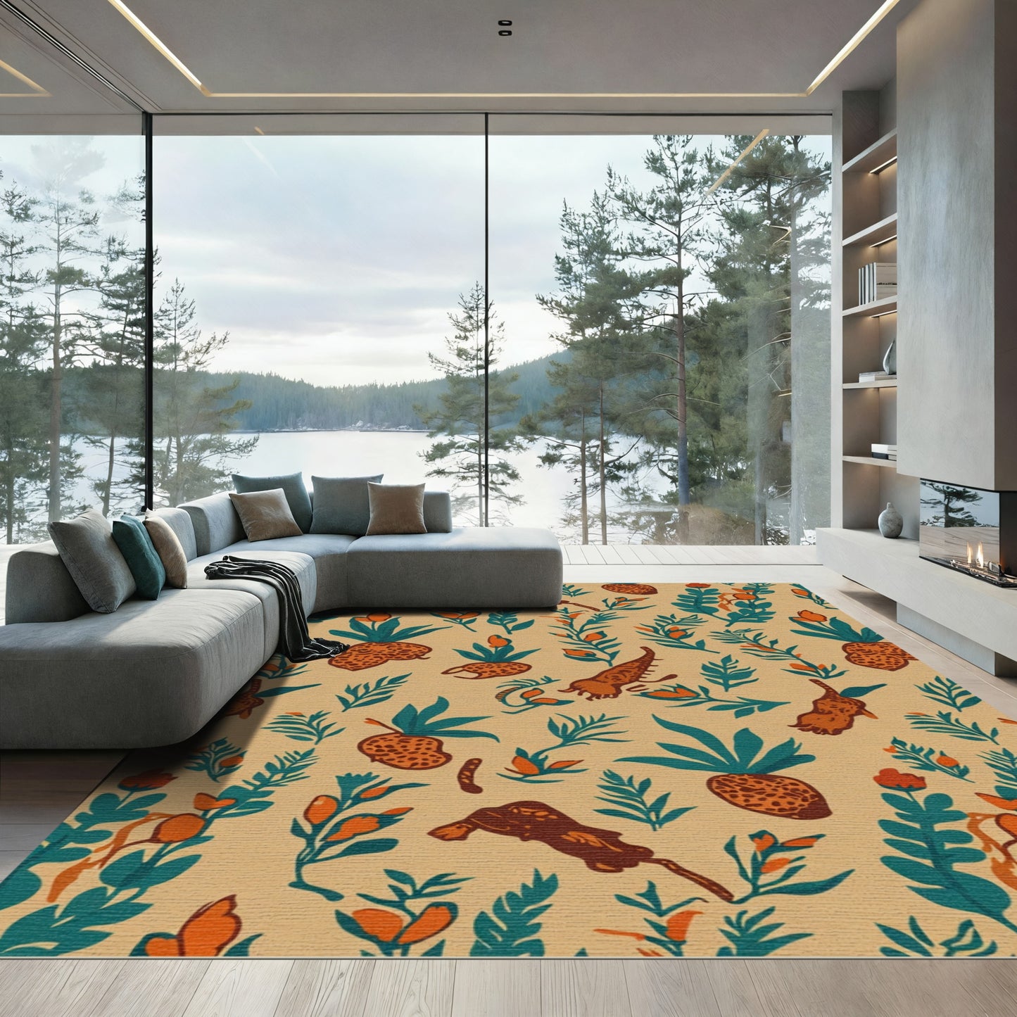 Earthy Orange Teal Botanical Collage Rug