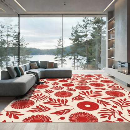 Crimson Floral Branch Pattern Rug