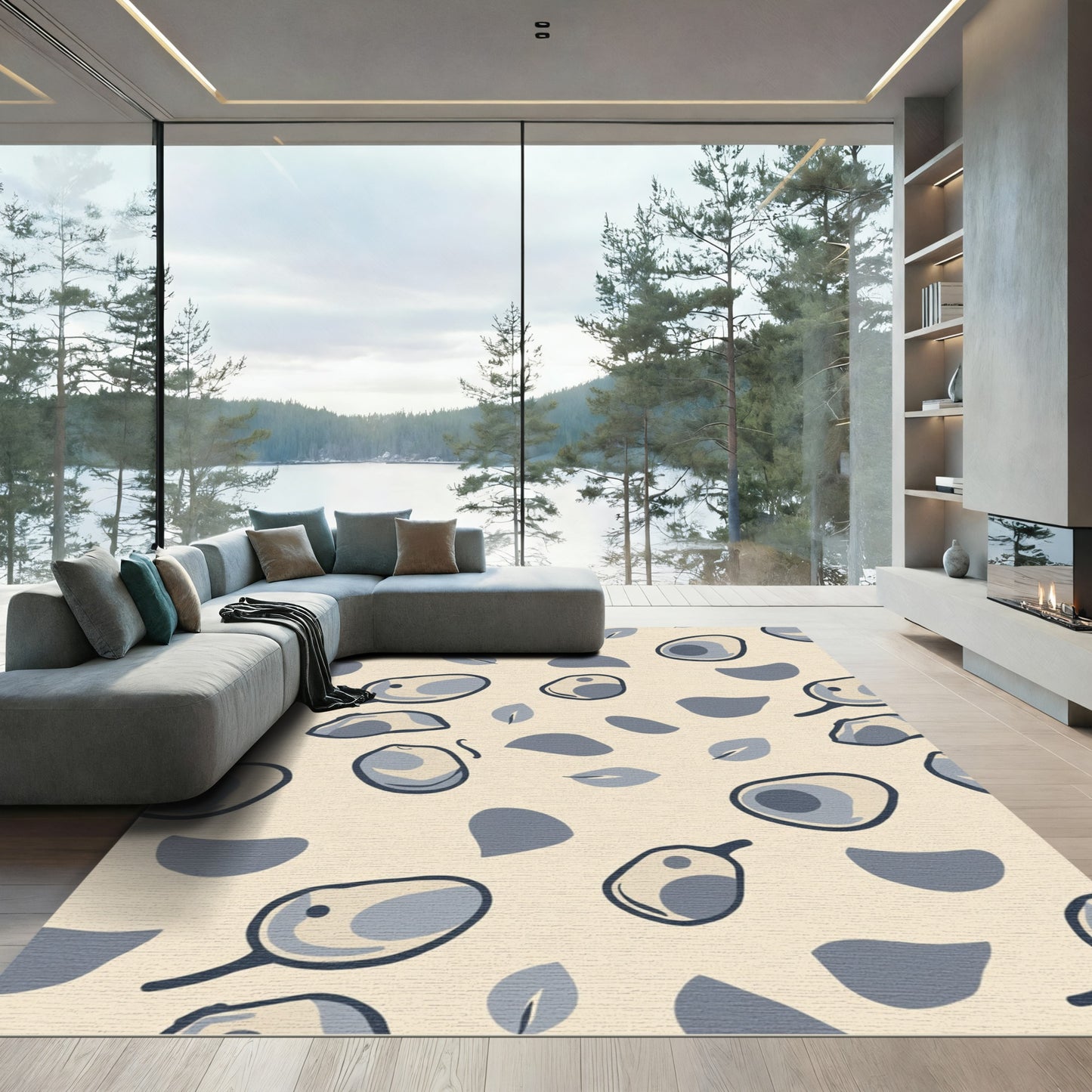Creamy Gray Botanical Abstract Shapes Rug