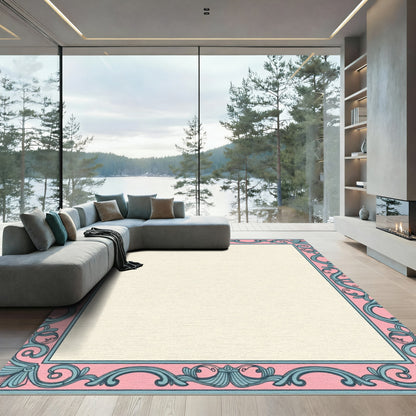 Pink Blue Floral Filigree Border Rug