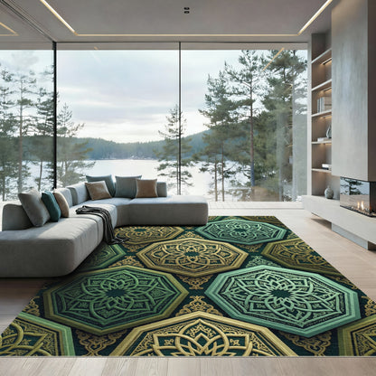 Elegant Gold and Emerald Geometric Hexagon Rug