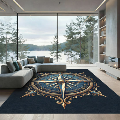 Antique Nautical Compass Navy Gold Rug