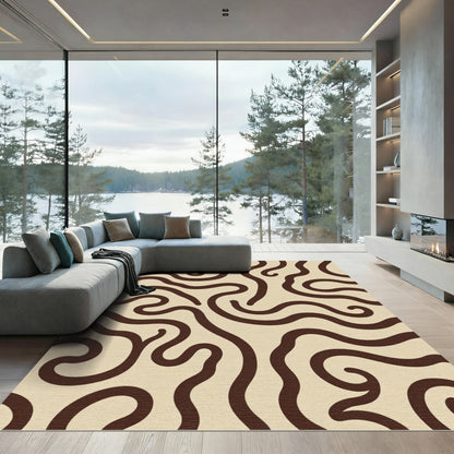 Chocolate Swirl Beige Abstract Lines Rug