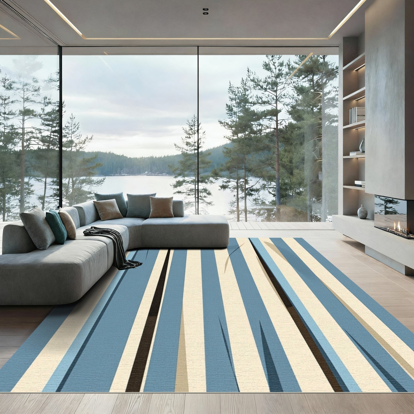Blue And Cream Vertical Striped Rug