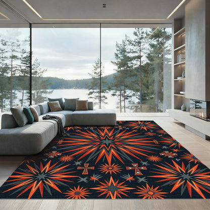 Geometric Charcoal and Burnt Orange Starburst Rug