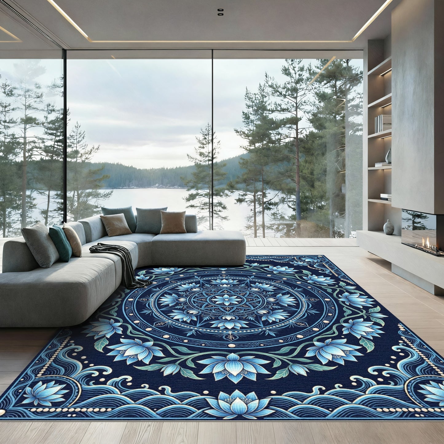 Deep Blue Lotus Mandala Rug