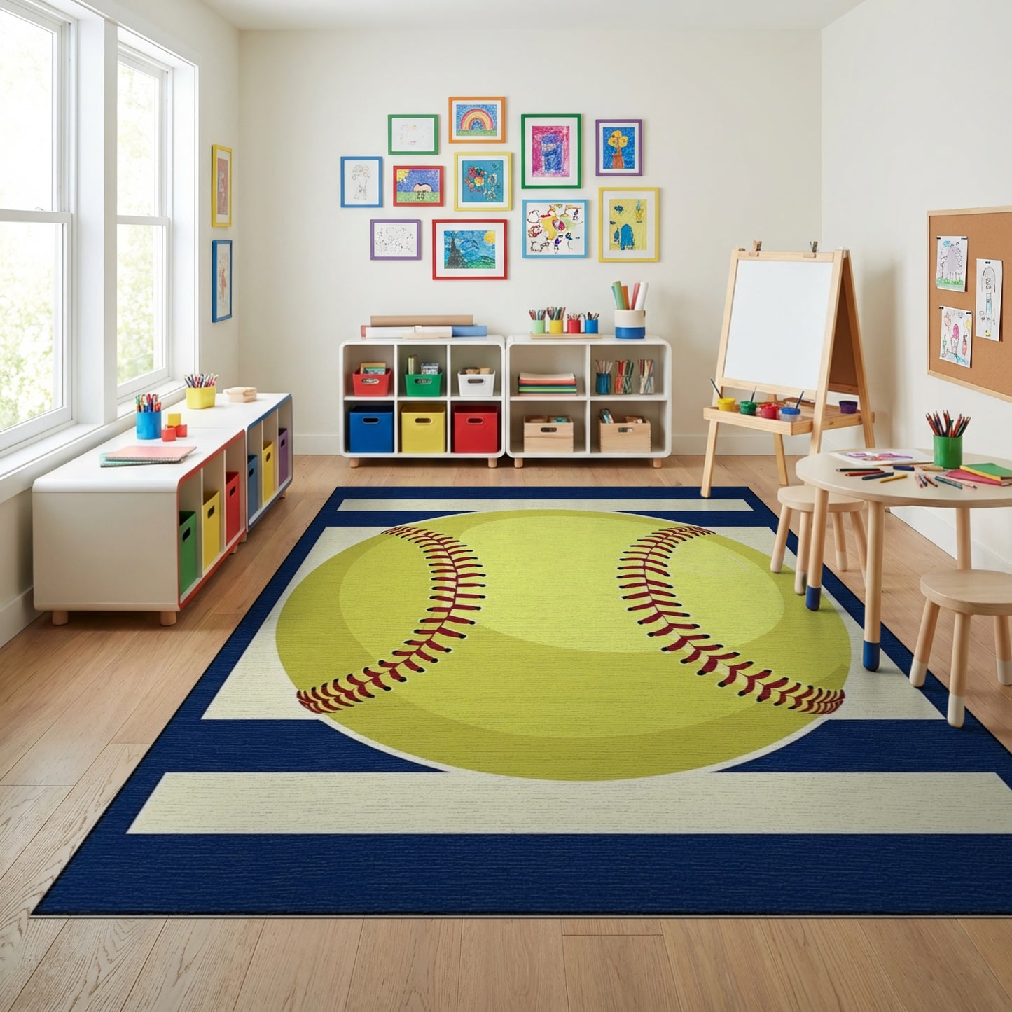 Yellow Softball Navy White Striped Rug