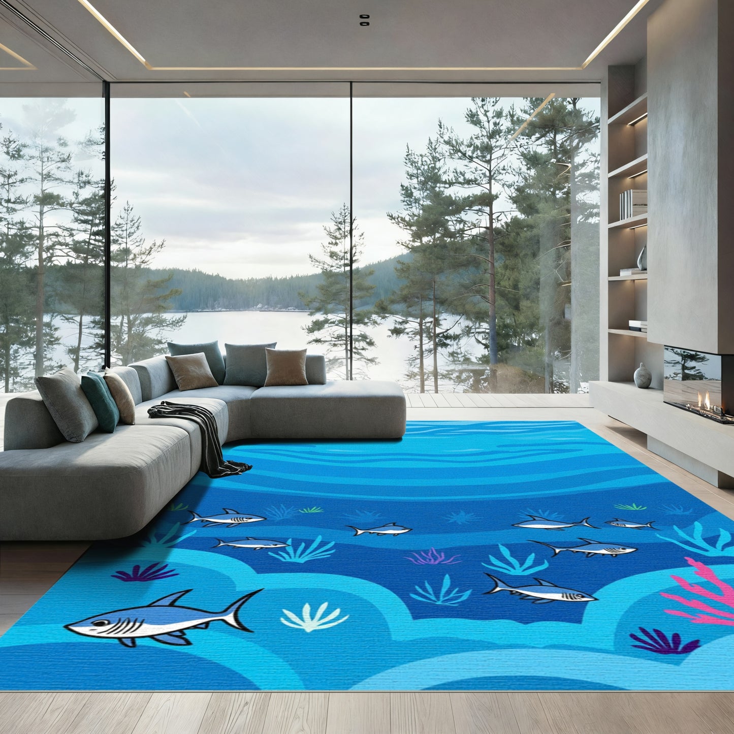 Ocean Sharks Under Deep Blue Waves Rug