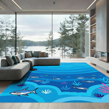 Ocean Sharks Under Deep Blue Waves Rug