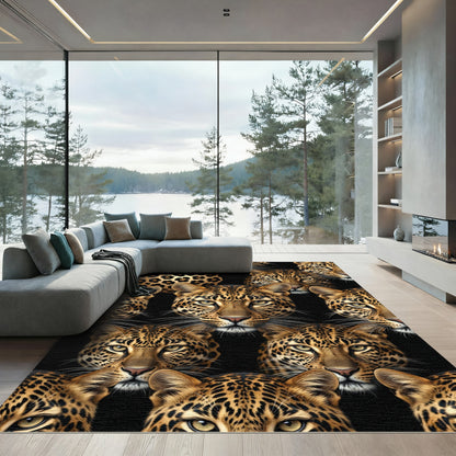 Golden Leopard Spots Black Background Rug