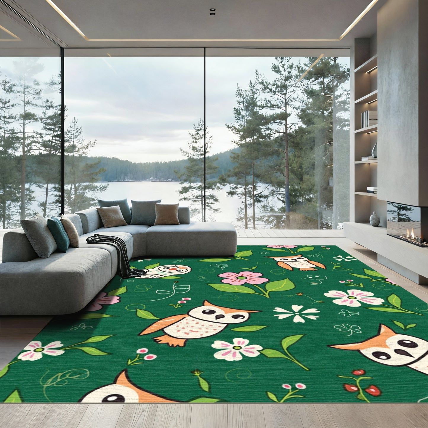 Whimsical Owl Floral Garden Pattern Rug