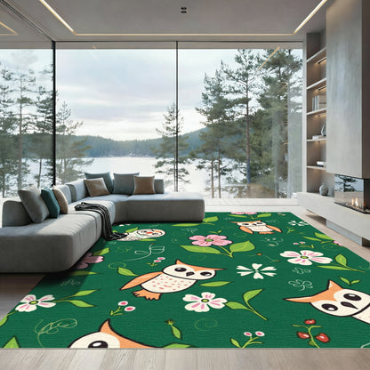 Whimsical Owl Floral Garden Pattern Rug